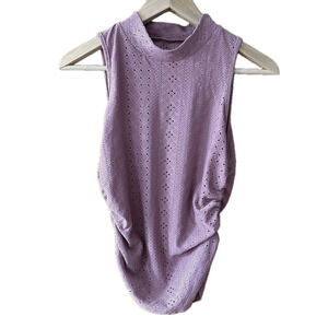 Mauve Eyelet Mock Neck Ruched Sleeveless Top - Large